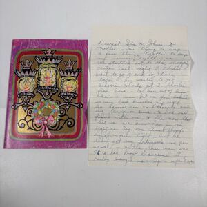 Vintage Foil Gold Pink Christmas Card Candle Wreath Mid Century Handwritten Note